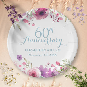 Plato De Papel Rosas con vegetación en acuarela del 60 aniversari