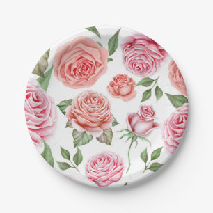 Plato De Papel Rosas Coral Rosa Melocotón Hojas Verdor Estilo Chi
