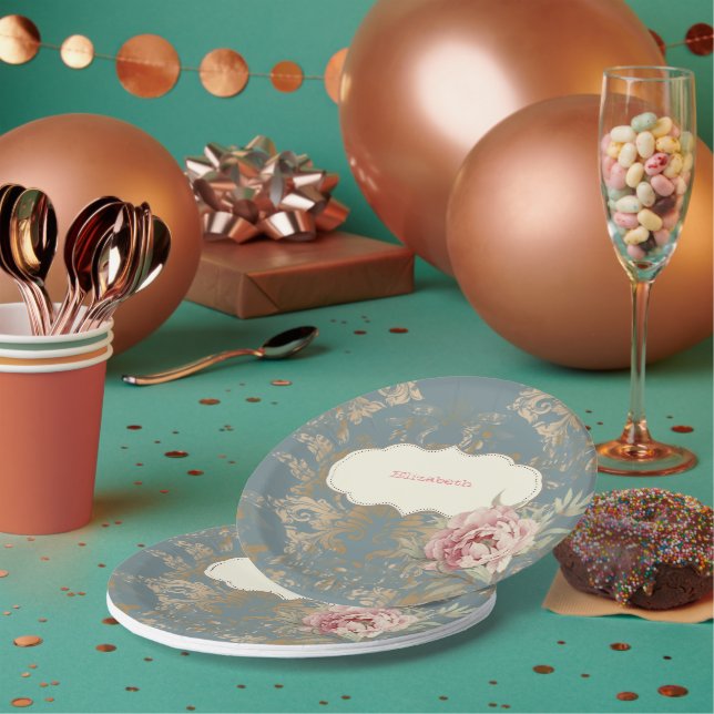 Plato De Papel Rosas Damasco Doradas Elegantes Chic (Multi)