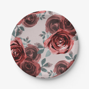 Plato De Papel Rosas de acuarela de color burgundy y vegetación p
