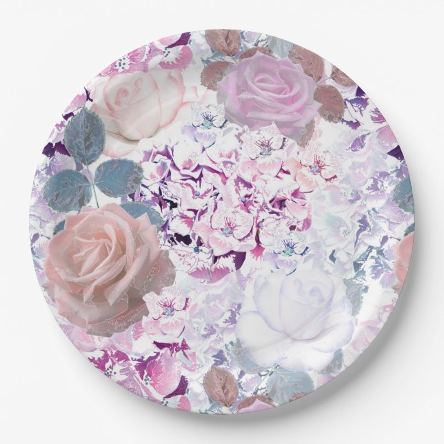 Plato De Papel Rosas de acuarela e hidrangeas. (Anverso)