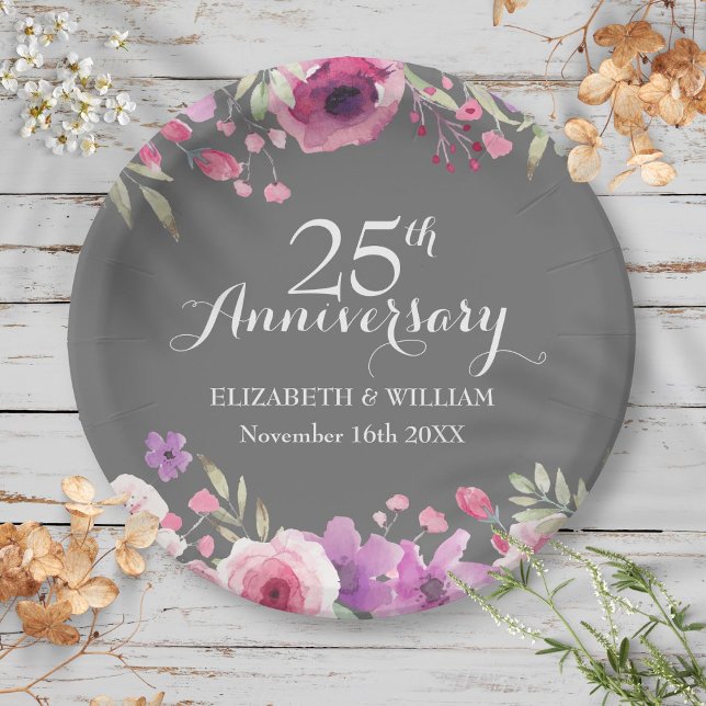 Plato De Papel rosas de acuarela en el 25° aniversario del Boda (25th Wedding Anniversary Watercolor Roses Paper Plates)
