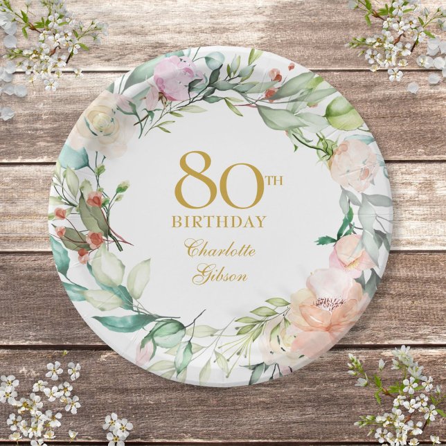 Plato De Papel Rosas de acuarela Garland 80th Birthday Party (Watercolor Roses Garland 80th Birthday Party Paper Plates)