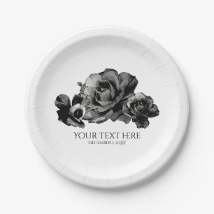 Plato De Papel Rosas de acuarela negra elegante boda