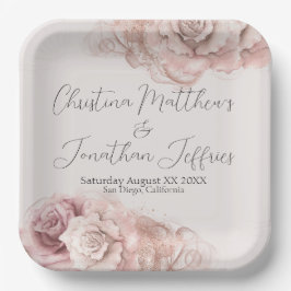 Plato De Papel Rosas de acuarela romántica