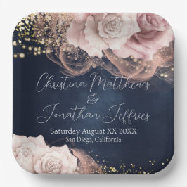 Plato De Papel Rosas de acuarela romántica en Boda Moody Blue