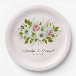 Plato De Papel Rosas de acuarela romántica floral