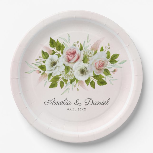 Plato De Papel Rosas de acuarela romántica floral (Anverso)