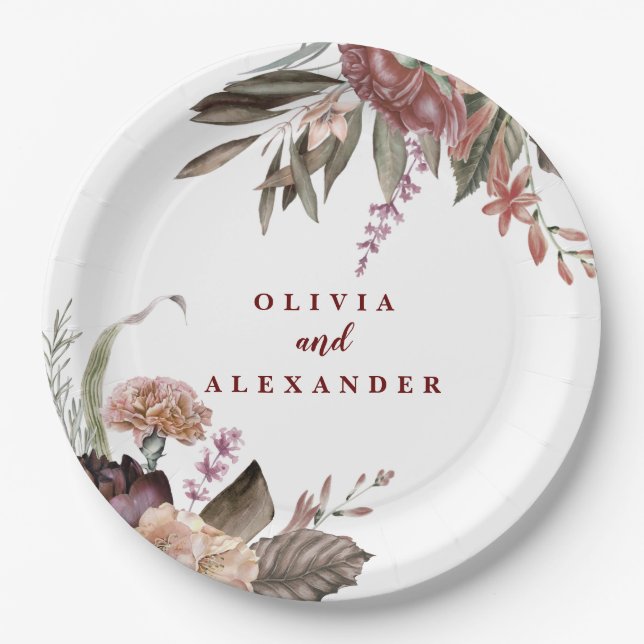 Plato De Papel Rosas de Boho Borgoña caen boda floral (Anverso)