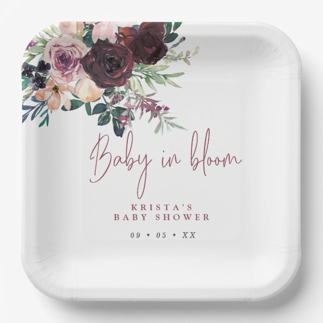 Plato De Papel Rosas de Borgoña Beben En Bloom Baby Shower (Anverso)