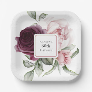 Plato De Papel Rosas de color Borgoña y Rosa 60 años