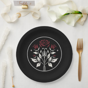 Plato De Papel Rosas de Costillas de Esqueleto Gótico Negras Boda