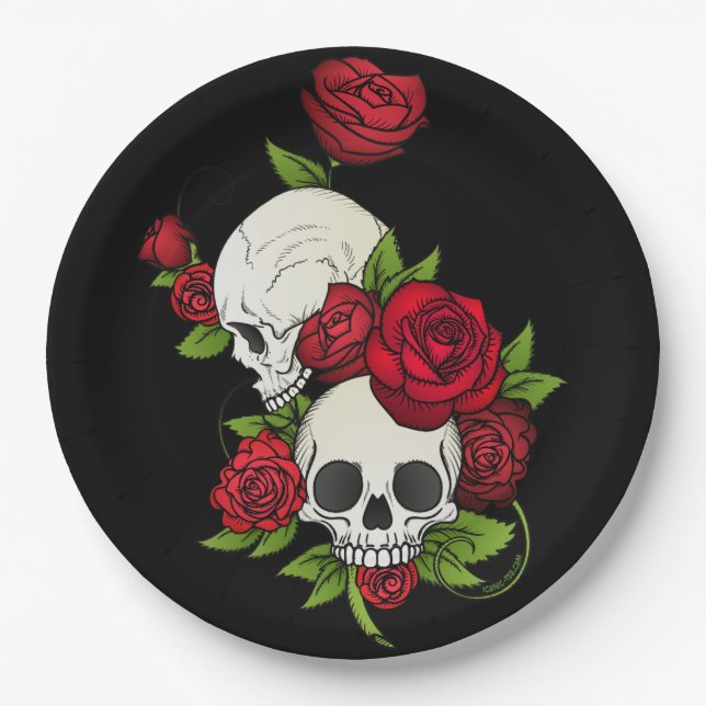 Plato De Papel Rosas de cráneo Día de Muertos (Anverso)