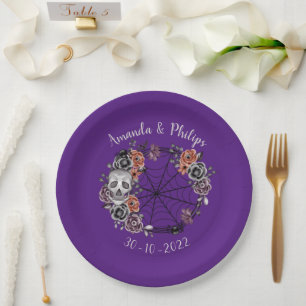 Plato De Papel Rosas de cráneo gótico morado vociferaron a Boda d