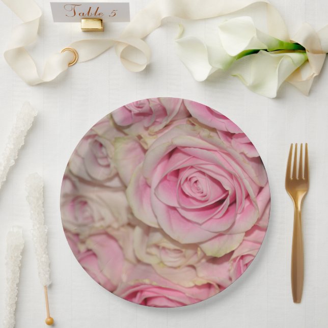 Plato De Papel Rosas de Crema Rosa Romántica (Boda)