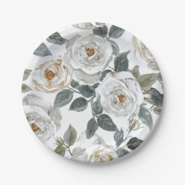 Plato De Papel Rosas de jardín | Floral vintage acuarela blanca