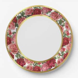 Plato De Papel Rosas de jardín victorianas rosadas y rojas antigu
