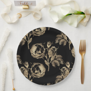 Plato De Papel Rosas de oro Floral de oro elegante sobre negro