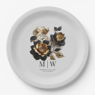 Plato De Papel Rosas de oro negro Boda gótico