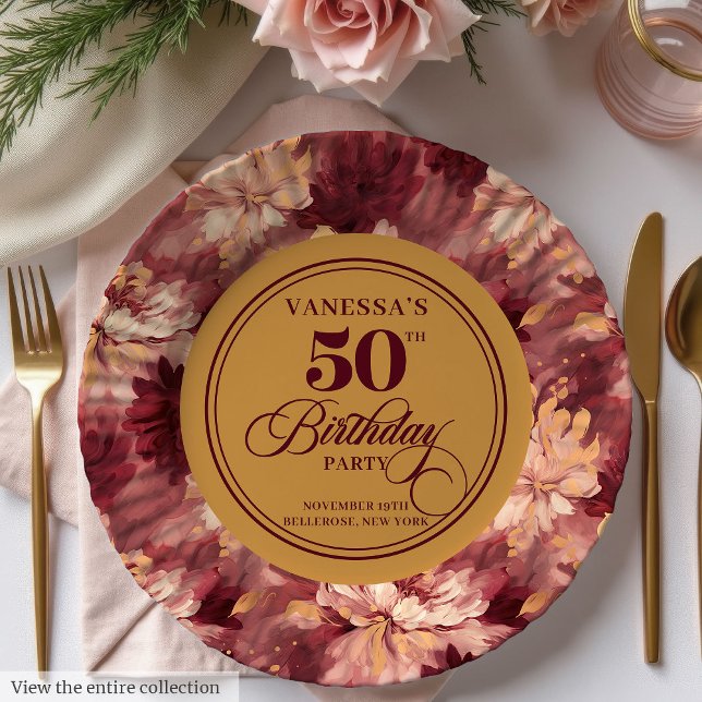 Plato De Papel Rosas de oro ruidosos de Borgoña mujer 50 cumpleañ (Burgundy blush gold roses woman 50th birthday Paper Plates)