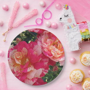 Plato De Papel Rosas de rayas rosas y blancas: arte floral