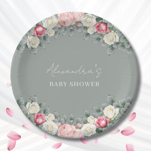 Plato De Papel Rosas de Sage Green Vintage Garden Baby Shower