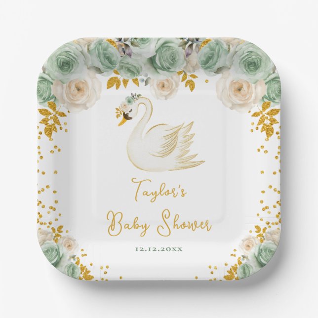 Plato De Papel Rosas de Swan Sage Green y Gold Baby Shower (Anverso)