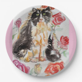 Plato De Papel Rosas De Tuxedo Cat Cute Flores Gatos Rosa De Acua