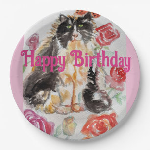 Plato De Papel Rosas De Tuxedo Cat Cute Flores Gatos Rosa De Acua