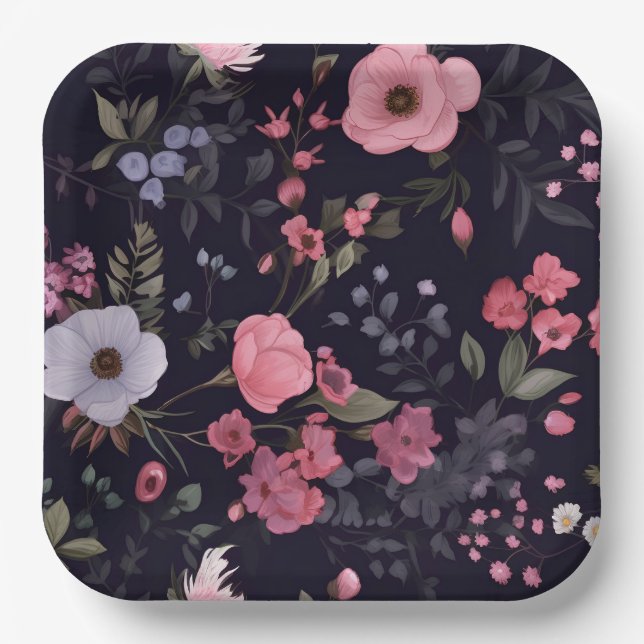 Plato De Papel Rosas De Verano En Negro (Anverso)