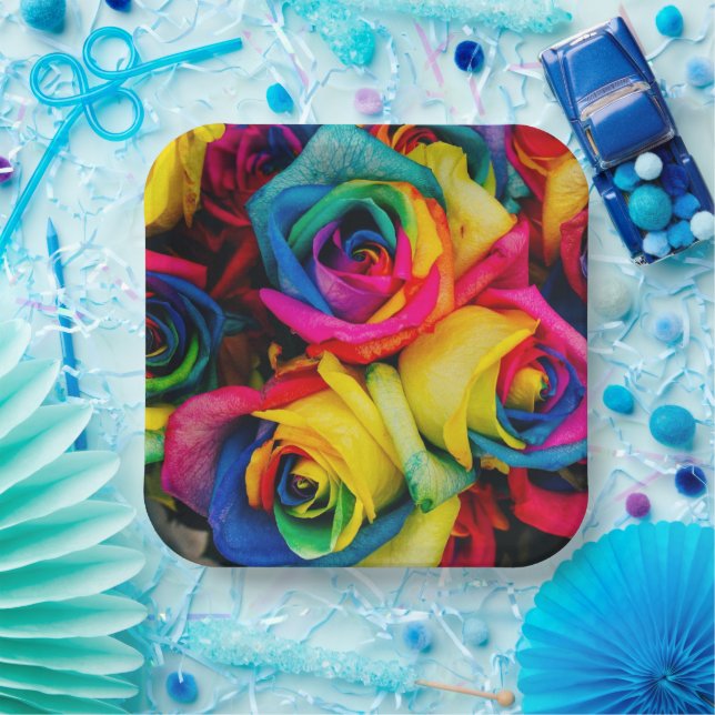 Plato De Papel Rosas del arcoiris (Fiesta)
