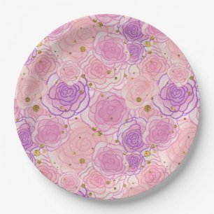 Plato De Papel Rosas del Chic Purpurina Girly Pink Shabby