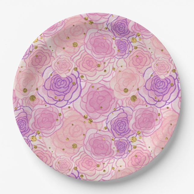 Plato De Papel Rosas del Chic Purpurina Girly Pink Shabby (Anverso)