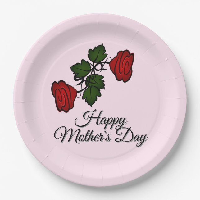 Plato De Papel Rosas del Día de la Madre Feliz (Anverso)