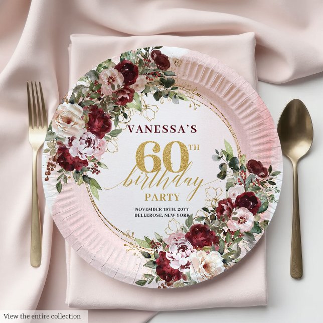 Plato De Papel Rosas Doradas Boho Marsala Elegantes Cumpleaños 60 (Boho Marsala Gold Roses Elegant 60th Birthday Plates)