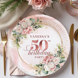 Plato De Papel Rosas Doradas Elegantes Cumpleaños 50 Peonías