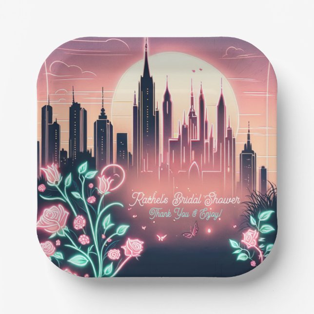 Plato De Papel Rosas eléctricos Ducha nupcial futurista (Anverso)