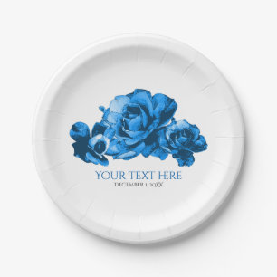 Plato De Papel Rosas Elegantes Acuarela Azul Boda