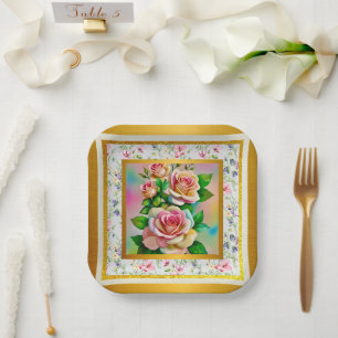 Plato De Papel Rosas elegantes Pastel de color rosa y amarillo