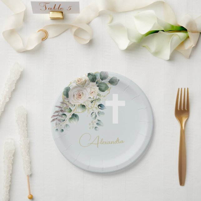 Plato De Papel Rosas elegantes religiosos Cruz Verde de lavado (Boda)