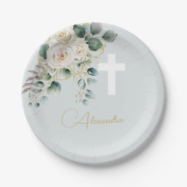 Plato De Papel Rosas elegantes religiosos Cruz Verde de lavado