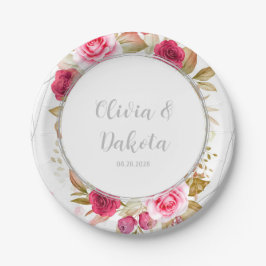 Plato De Papel Rosas elegantes rosados Boda personalizada geométr