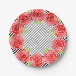 Plato De Papel Rosas en franjas negra y blanca