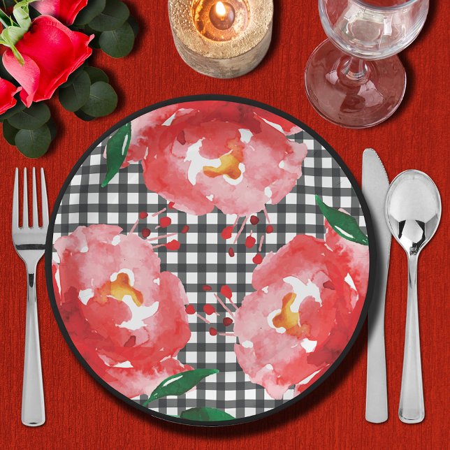 Plato De Papel Rosas en Gingham blanco y negro (Roses on Black and White Gingham Paper Plates)