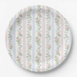 Plato De Papel Rosas Florales Azules Rosa Baby Shower Vintage