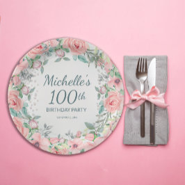 Plato De Papel Rosas florales de acuarela rosa Perlas Cumpleaños 