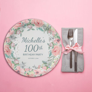 Plato De Papel Rosas florales de acuarela rosa Perlas Cumpleaños 