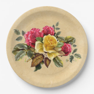 Plato De Papel Rosas Florales Rojas y Amarillas Vintage