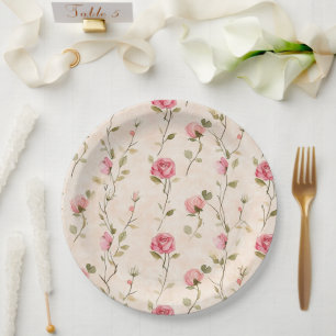 Plato De Papel Rosas florales rosadas crema bonitas boda