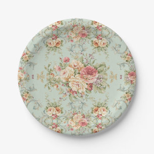Plato De Papel Rosas Florales Vintage Shabby Rosa Marfil